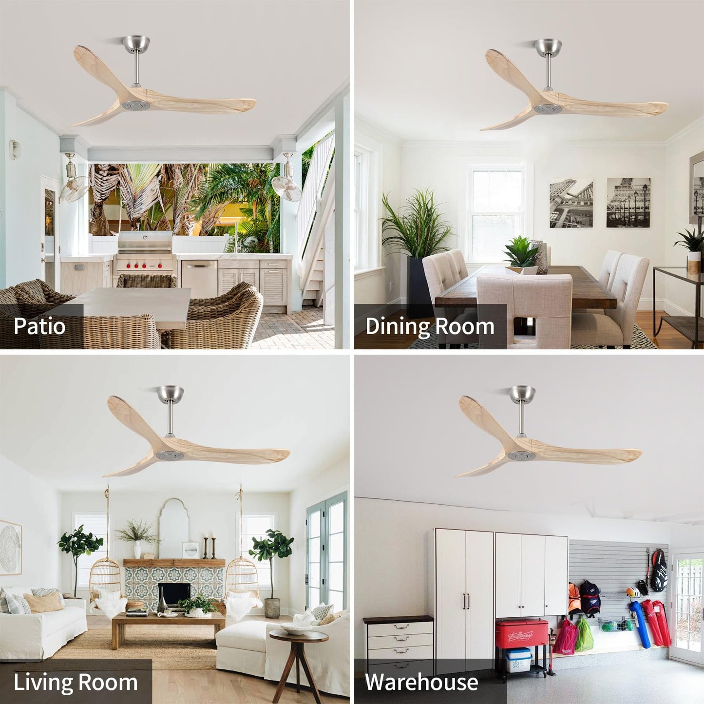 52 Inch Ceiling Fans Without Lights, Solid Wood Ceiling Fan with Remote Control and DC Silent Motor for Patio, Living Room, Bedroom, Nature Wood (Includes 3 Downrods)