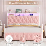HIFIT Full Size Upholstered LED Canopy Bed Frame with Storage and Charging Station, Button Tufted Storage Headboard with Bookshelf, Two-Use Metal Platform Bed with 4 Removable Posts & 2 Drawers, Pink HIFIT