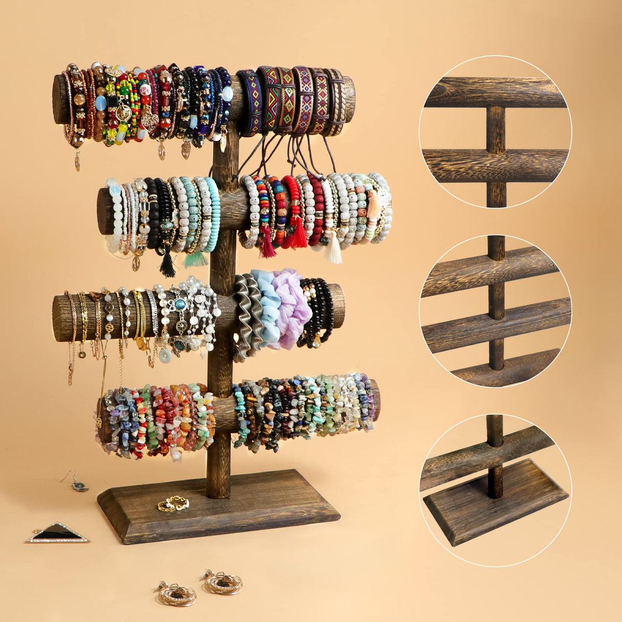LadyRosian 4 Tier Wooden Display Jewelry Accessory Stand Bracelet Holder Bangle Watch Necklace Storage Stand Organizer, Brown LadyRosian