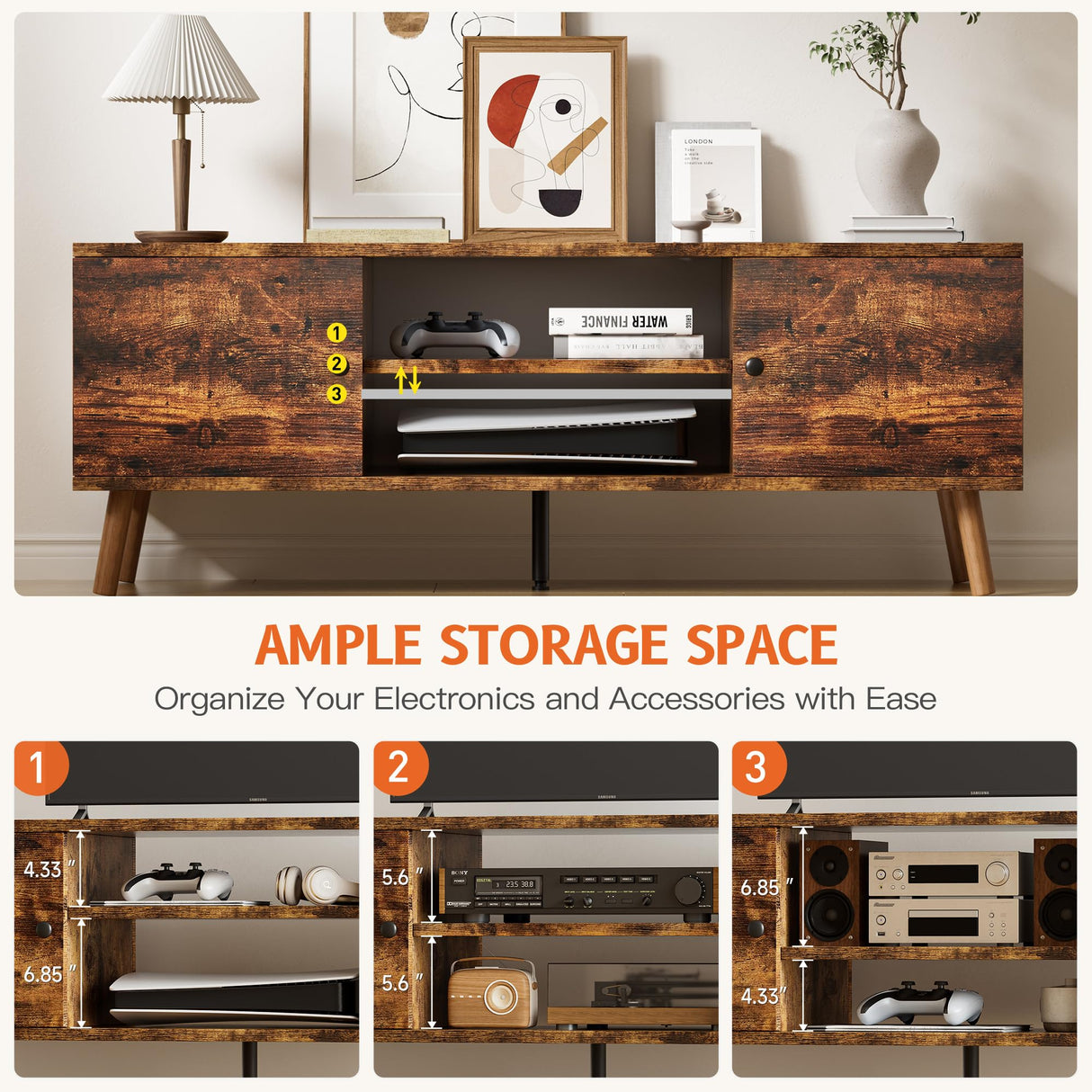 Simple Deluxe TV Stand for 55 60 inch TV, Entertainment Center with Storage Cabinet, Media Console Table 2 Cabinet, Soft Hinge, Handle Door, Wooden Living Room, Office Furniture, Brown Simple Deluxe