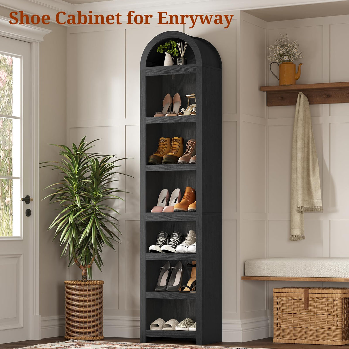 UPOSOJA 76" Tall Narrow Arched Bookcase,7-Teir Mid-Century Modern Bookshelf,Adjustable Shelves offering More Storage Space for Living Room,Kitchen,Home Office,Black UPOSOJA