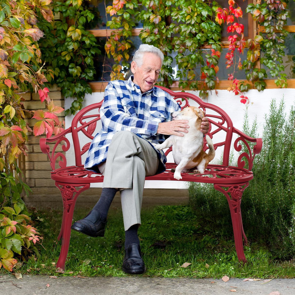 38.5in Outdoor Cast Aluminum Porch Benches,Weatherproof Patio Park Bench,Outside Leisure Bench,Outdoor Garden Park Bench,with Back and Armrests,for Lawn, Deck, Path, Backyard, Entryway (Red) Eikyutora