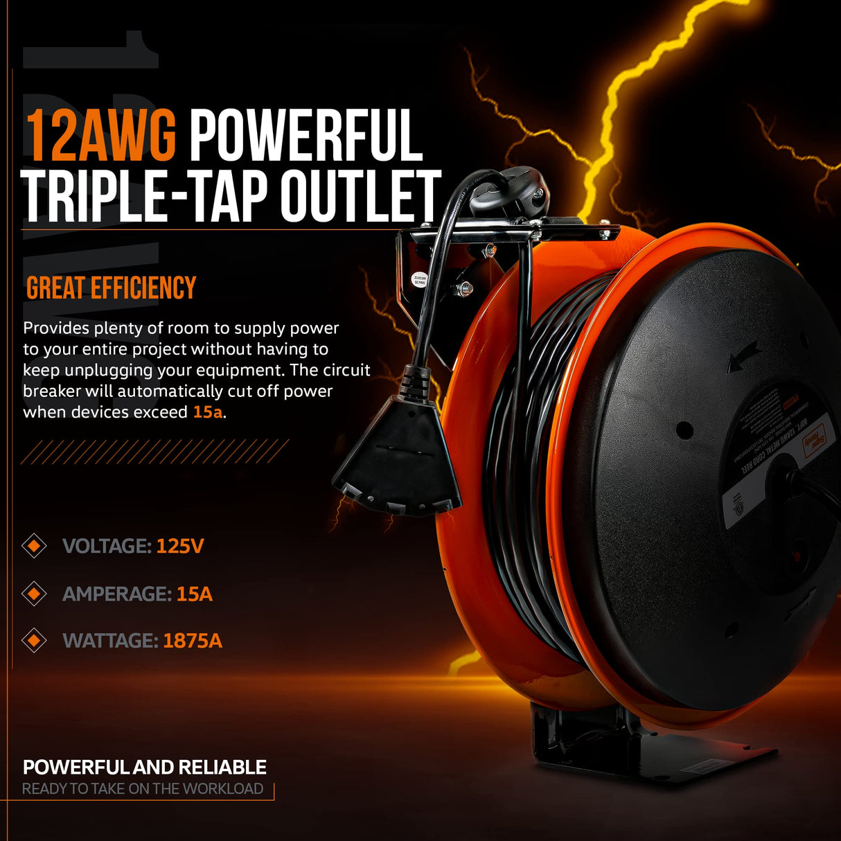 SuperHandy Extension Cord Reel Retractable 12AWG x 80' Foot 3C SJTOW Cable Triple Tap Connector Power Rating 125 Volt AC 15 Amp 1875 Watt Industrial Steel Single Arm SuperHandy