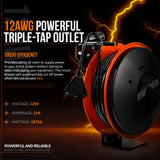 SuperHandy Extension Cord Reel Retractable 12AWG x 80' Foot 3C SJTOW Cable Triple Tap Connector Power Rating 125 Volt AC 15 Amp 1875 Watt Industrial Steel Single Arm SuperHandy