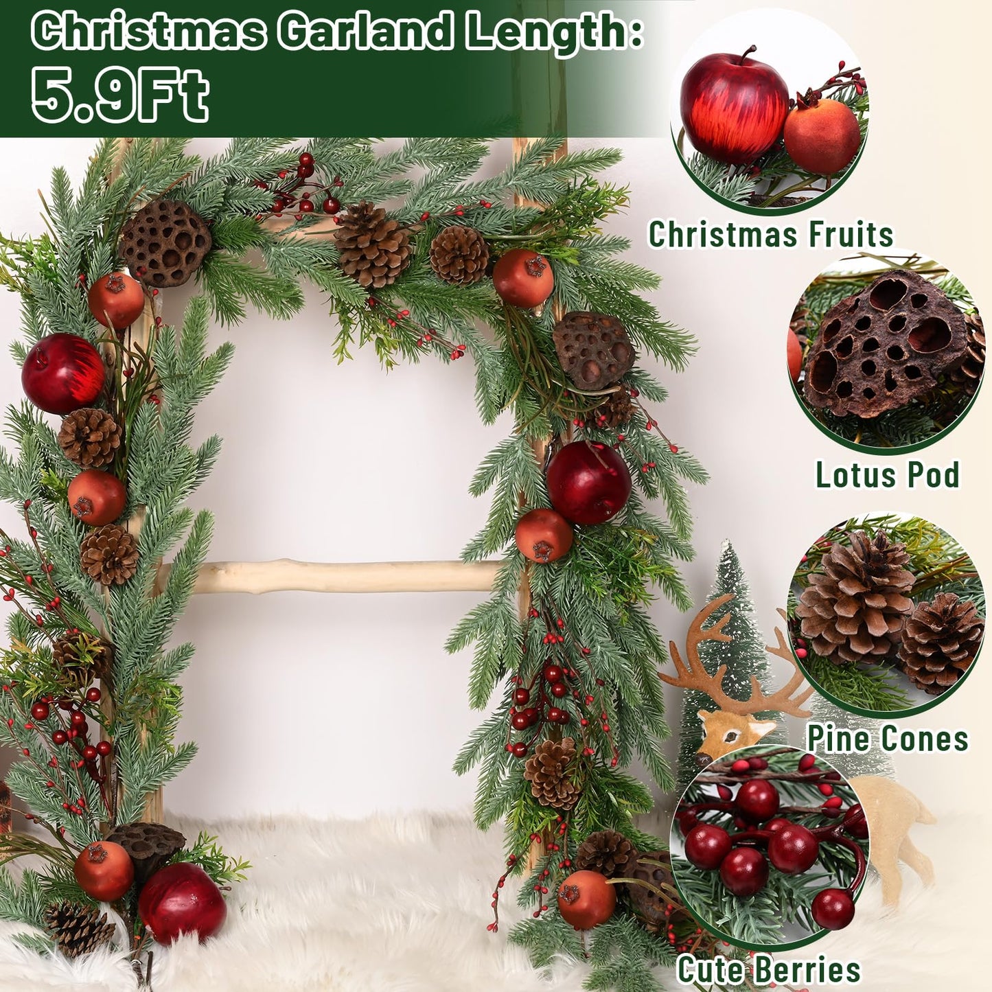 Christmas Garland - 5.9ft Christmas Garland for Mantle, Norfolk Pine Garland Cedar Garland with Christmas Fruits Lotus Pod Garlands for Home Party Fireplace Decor