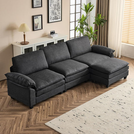 VINGLI 121" Cloud Linen Couch, Comfy Modular Sectional Sofa Set for Living Room,Modern 3-Seat Convertible Loveseat Sofa with 1 Ottoman for Small Space, Black VINGLI