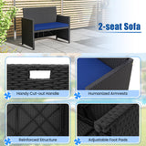 Tangkula 4 Pieces Patio Dining Set, Space Saving PE Rattan Loveseat with Acacia Wood Top Dining Table, Storage Ottomans & Soft Cushions, Outdoor Sectional Conversation Set (Navy Blue) Tangkula