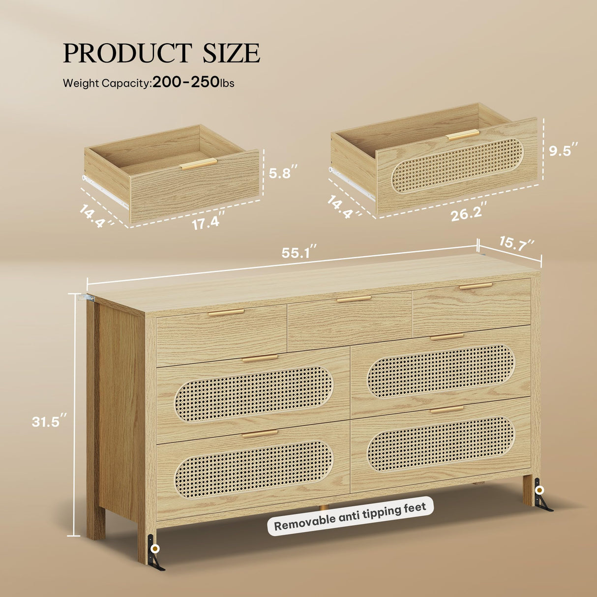 DWVO Natural Rattan 7 Drawer Dressers - Oak Wooden Dresser Chest of Drawers with Golden Handles - Modern Large Closet Boho Dressers Storage Cabinet for Living Room/Hallway/Entryway DWVO