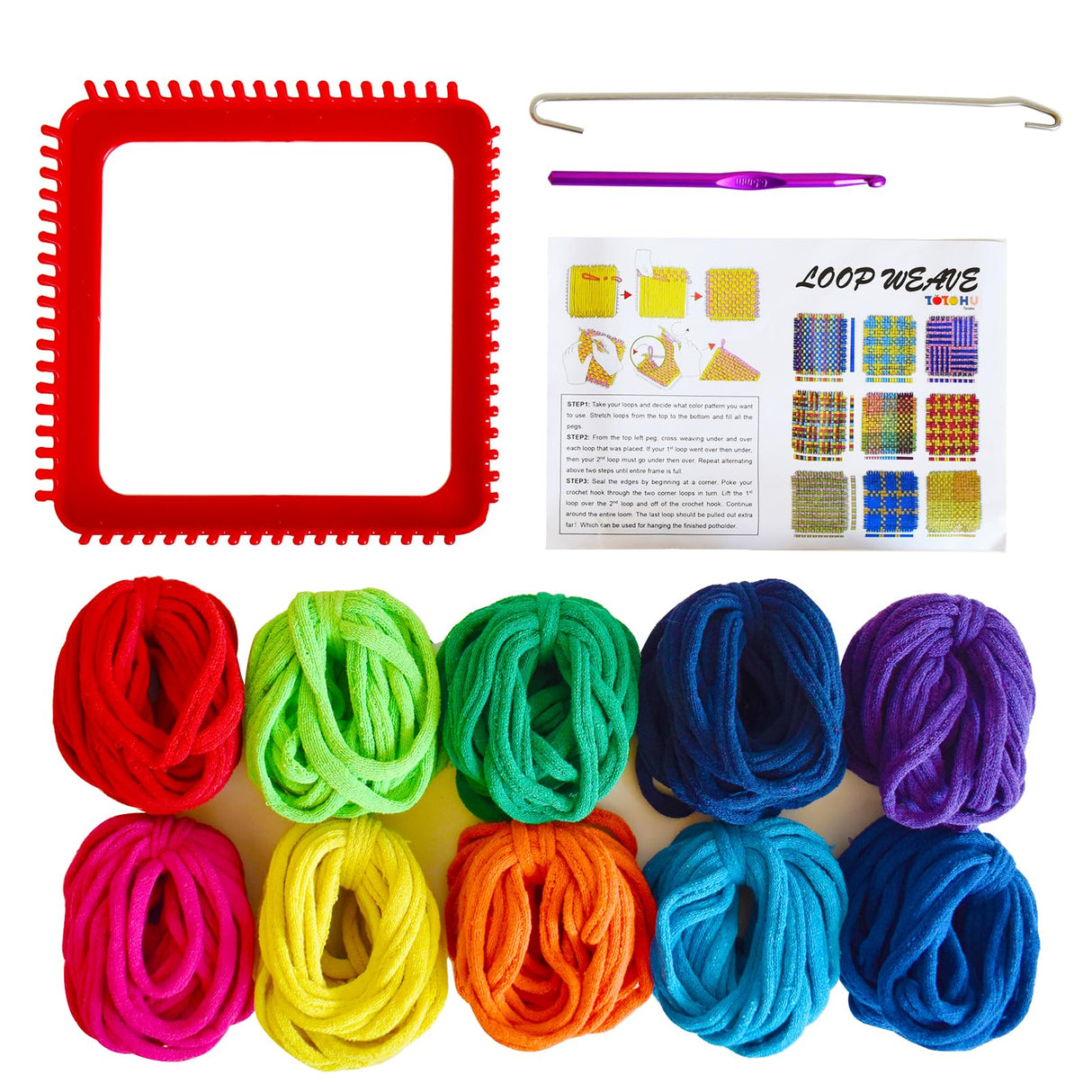 Tatahu Potholder Weaving Loom Kit - 300pcs Rainbow Knitting Refill Loops in 10 Colors, Make 8 Potholders for Beginners, DIY Arts and Crafts Tatahu