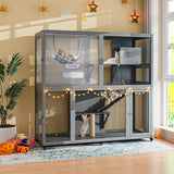 TIMHAKA Large Indoor Catio with Wheels, 4 Tier Cat Enclosures House for Outdoor Sunbathing, 66" Multi-Feature Wooden Kitty Cage for Patio with 4 Access Doors, Gray TIMHAKA