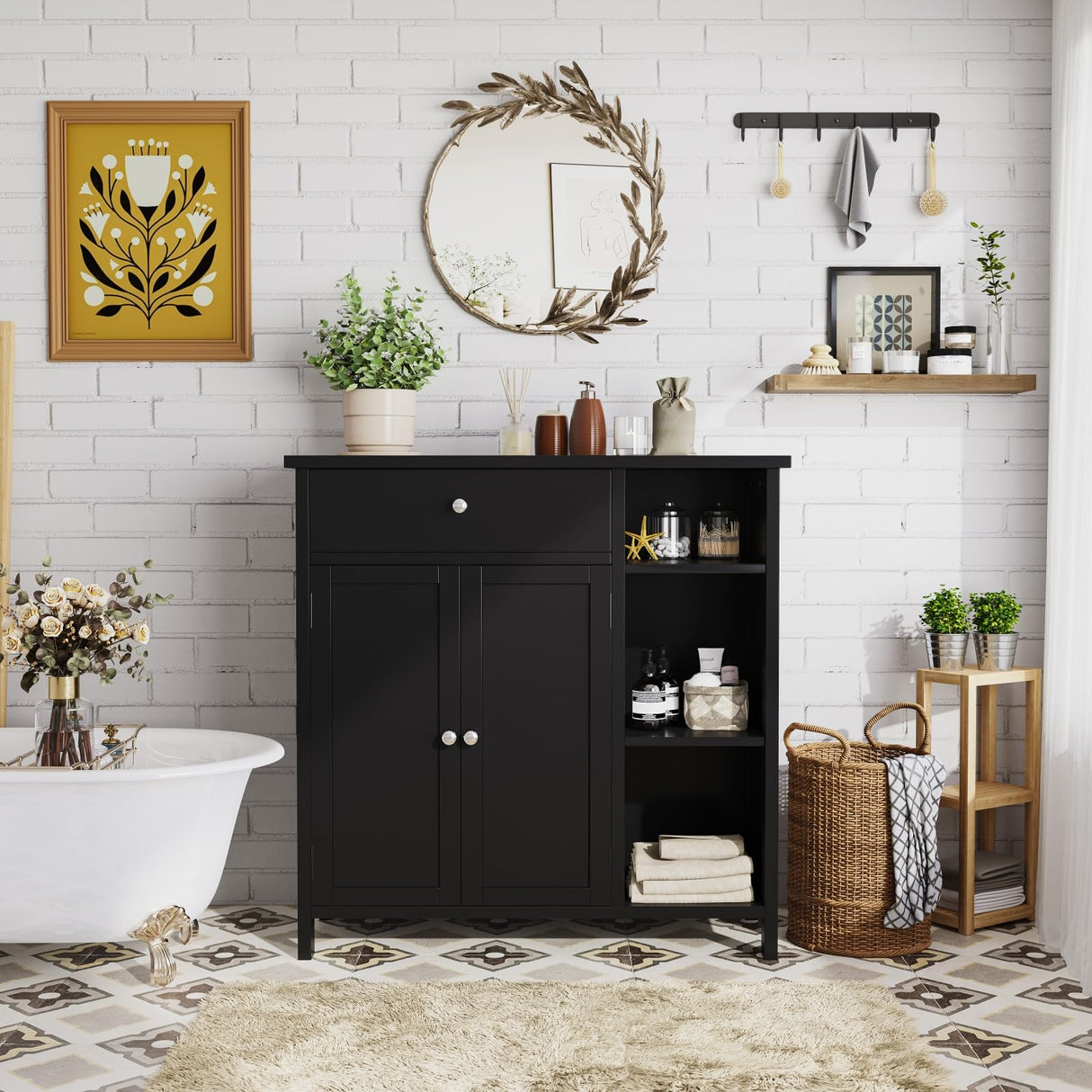 Irontar Freestanding Bathroom Cabinet with Doors, Bathroom Floor Cabinet with Drawer & Adjustable Shelf, Kitchen Cupboard, Storage Cabinet for Bathroom, Living Room, Entryway, Black CWG001H Irontar