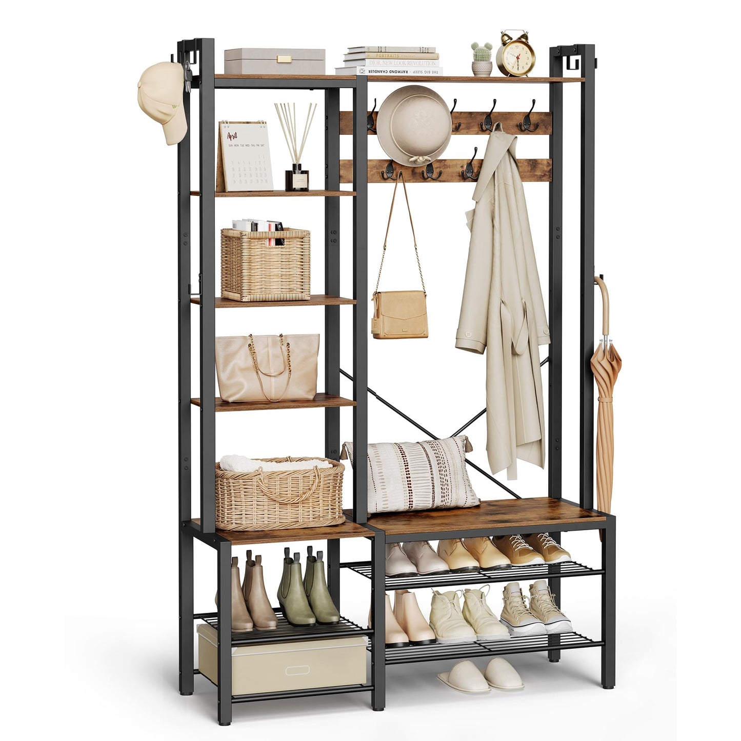 VASAGLE Hall Tree with Bench and Shoe Storage, Entryway Coat Rack with Shoe Bench, 5 Storage Shelves, 9 Coat Hooks, 6 Side Hooks, 15.7 x 47.2 x 74.8 Inches, Rustic Brown and Ink Black UHSR426B01