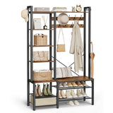 VASAGLE Hall Tree with Bench and Shoe Storage, Entryway Coat Rack with Shoe Bench, 5 Storage Shelves, 9 Coat Hooks, 6 Side Hooks, 15.7 x 47.2 x 74.8 Inches, Rustic Brown and Ink Black UHSR426B01 VASAGLE