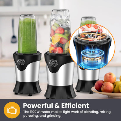 Suavo Smoothie Blender 1100W Portable Personal Blender for Shakes and Smoothies with 2 * 22Oz To-Go Cups & Lids, Includes Portable Coffee Grinder and 10Oz BPA-Free Travel Cup Countertop Mixer Blender