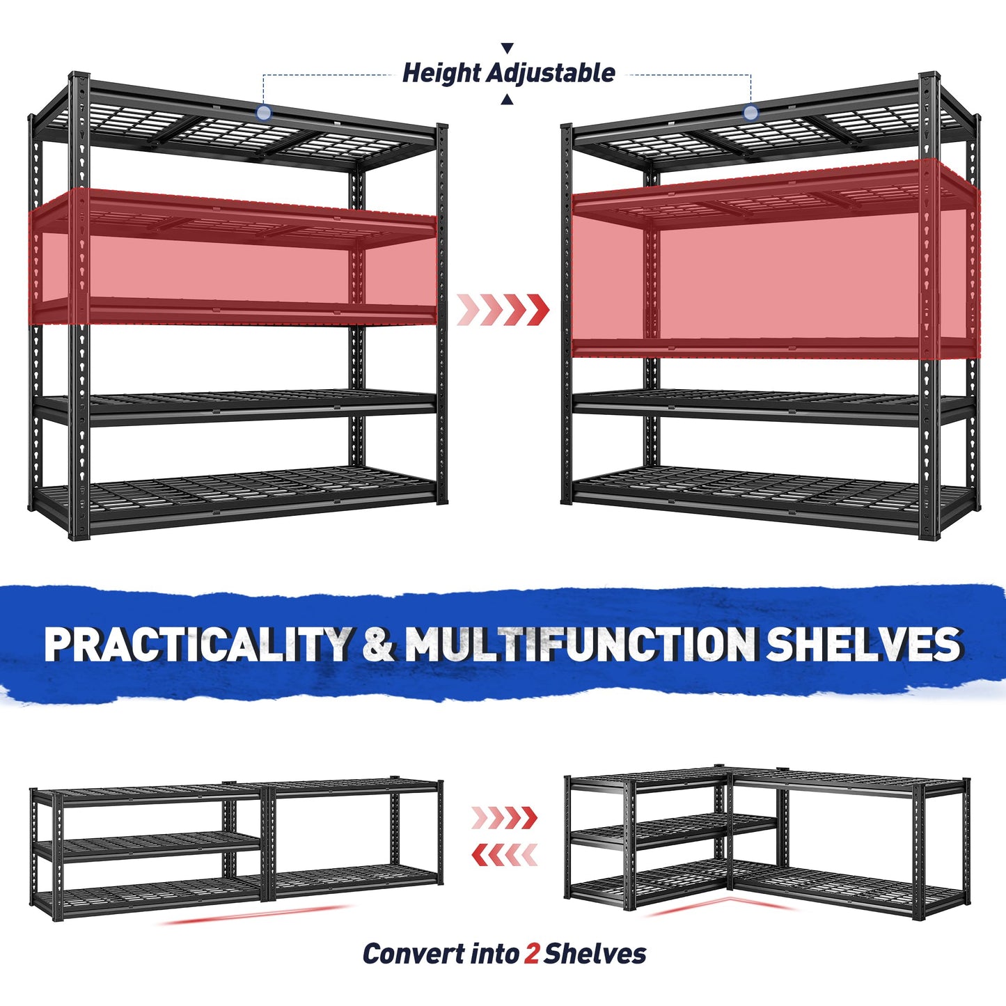 REIBII 48" W Garage Shelving 2750LBS Heavy Duty Garage Storage 5 Tier Adjustable Metal Storage Shelves Industrial Shelving Unit for Basement,Warehouse, Workshop,Black