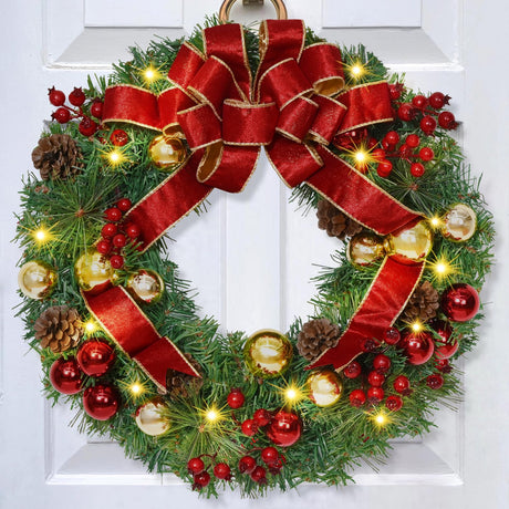 Christmas Wreaths for Front Door with Bow, 16" Christmas Door Wreath with Balls Berries & Pine Cones, Christmas Wreath for Door Home Wall Outdoor Decor Elyum