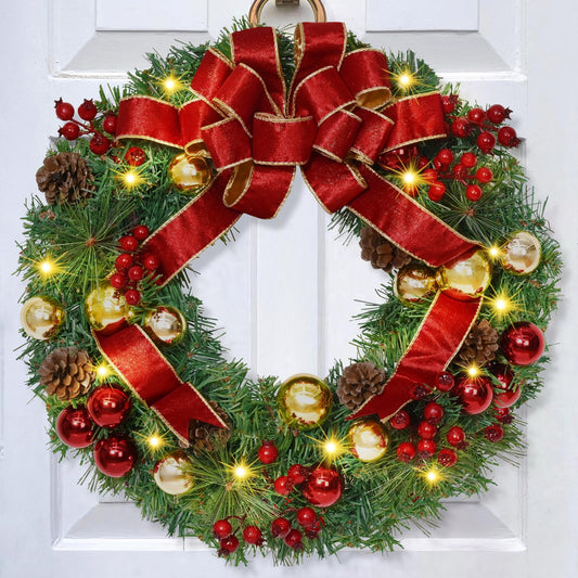 Christmas Decorations - Christmas Wreaths for Front Door with Bow, 16" Christmas Wreath with Christmas Balls Berries Pine Cones for Xmas Decorations, Christmas Wreath for Home Wall Outdoor Decor