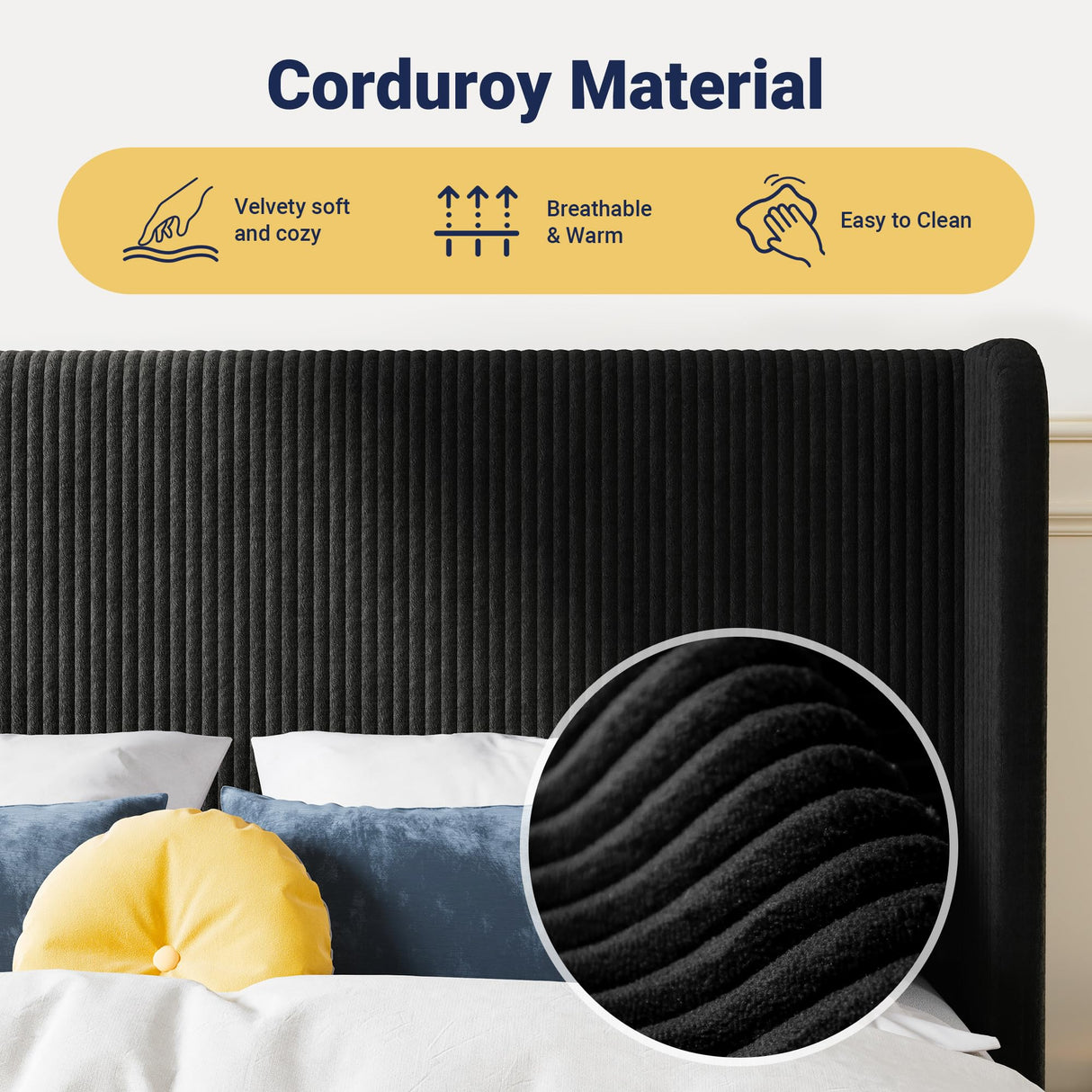 Allewie Queen Size Bed Frame with Upholstered Wingback Headboard, Vertical Channel Tufted Corduroy Velvet Platform Bed, Strong Wooden Slats Support, No Box Spring Needed, Easy Assembly, Sturdy, Black Allewie