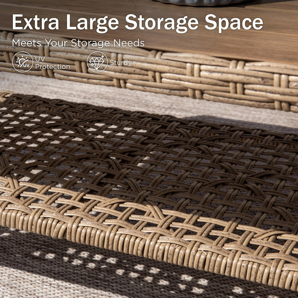 PHI VILLA Wicker Patio Furniture Set, L-Shaped Small Patio Conversation Set, Sectional Outdoor Sofa with Cushions and Acacia Wood Coffee Table, 4 Seats, Beige PHI VILLA