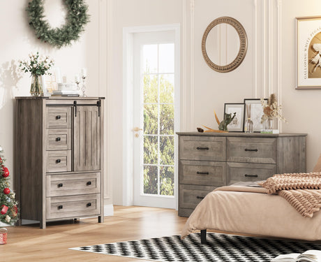 GarveeHome Farmhouse 5 Drawer Dresser for Bedroom, 48 in Tall Wood Dresser Chest of Drawer with Sliding Barn Door, Adjustable Shelf, Storage Organizer for Bedroom, Hallway, Living Room, Kitchen, Grey GarveeHome