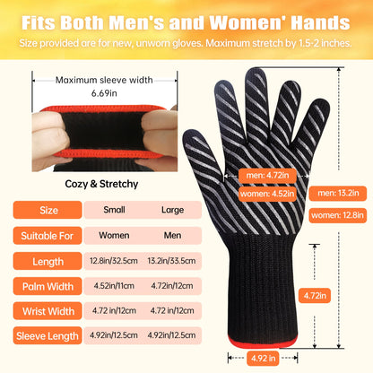 HandLove BBQ Gloves - Heat Resistant Grilling, Oven Gloves for Culinary Experts - Extreme Fireproof Protection, Silicone Grip, Long Cuff Mitts - Kitchen & Outdoor Barbecue, Cooking, Baking, Black, L