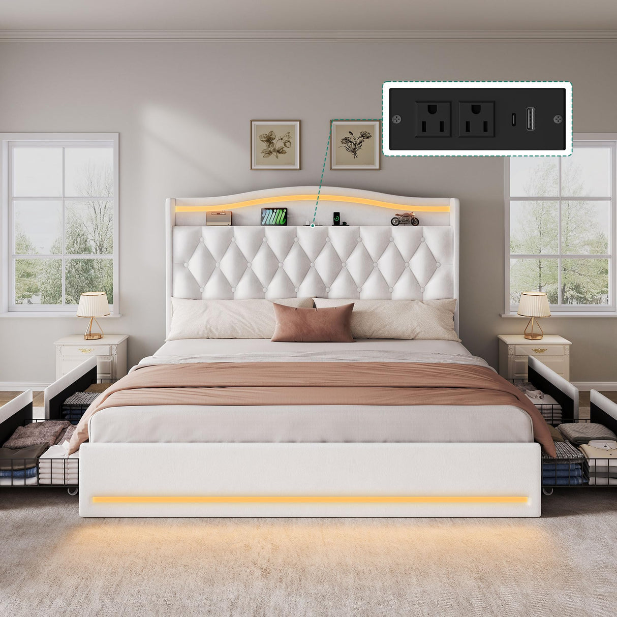DWVO King Size Bed Frame with 4 Storage Drawers and RGB LED Lights, 57'' Tall Headboard Velvet Upholstered Bed with Charging Station, No Box Spring Needed, Easy Assembly, Noise-Free, White DWVO