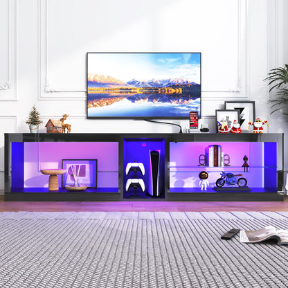 81in Long LED TV Stands W/Power Outlet for 70 80 85 90Inch TV,Black Entertainment Center W/70000-Colors Lights,High Gloss LED TV Console w/Adjustable Glass Shelves for Living Room Gameroom