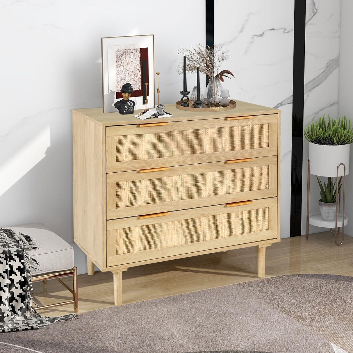 HOPUBUY 3 Drawer Dresser with 2 Nightstand for Bedroom, Oak Rattan Dresser Closet Dressers Chest of Drawers, Light Wood Dresser 3 Drawer Storage Chest for Bedroom, Hallway, Living Room HOPUBUY