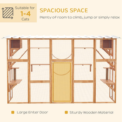 PawHut Catio Playground Cat Window Box Outside Enclosure, Outdoor Cat House with Weather Protection Roof for Multiple Kitties, Wooden Frame, Shelves & Bridges, 118" x 37.5" x 74", Orange - WoodArtSupply