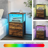 TUTOTAK LED End Table with Charging Station, Nightstand with Cloth Drawer, Side Table with 1 USB Port and 1 Type-C Port, Set of 2, Couch Table, Brown TB01BB052L TUTOTAK