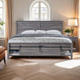 ACCOHOHO Farmhouse King Size Bed Frame with Barn Door Storage, Platform Bed Frame with Headboard, Rustic Bed, Solid Wood Slats Support/Noiseless/No Box Spring Needed (Grey) ACCOHOHO