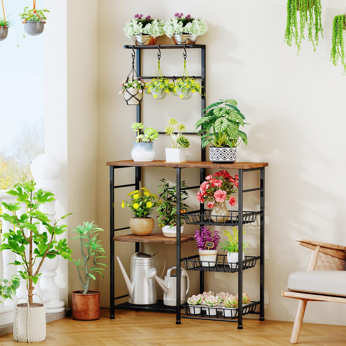 SWTYMIKI Bakers Rack with Storage - Coffee Bar Cabinet with Shelves, Coffee Station Organizer and Kitchen Stand with 8 Hooks, Baskets, Adjustable Feet for Kitchen Dining Room Pantry, Espresso SWTYMIKI