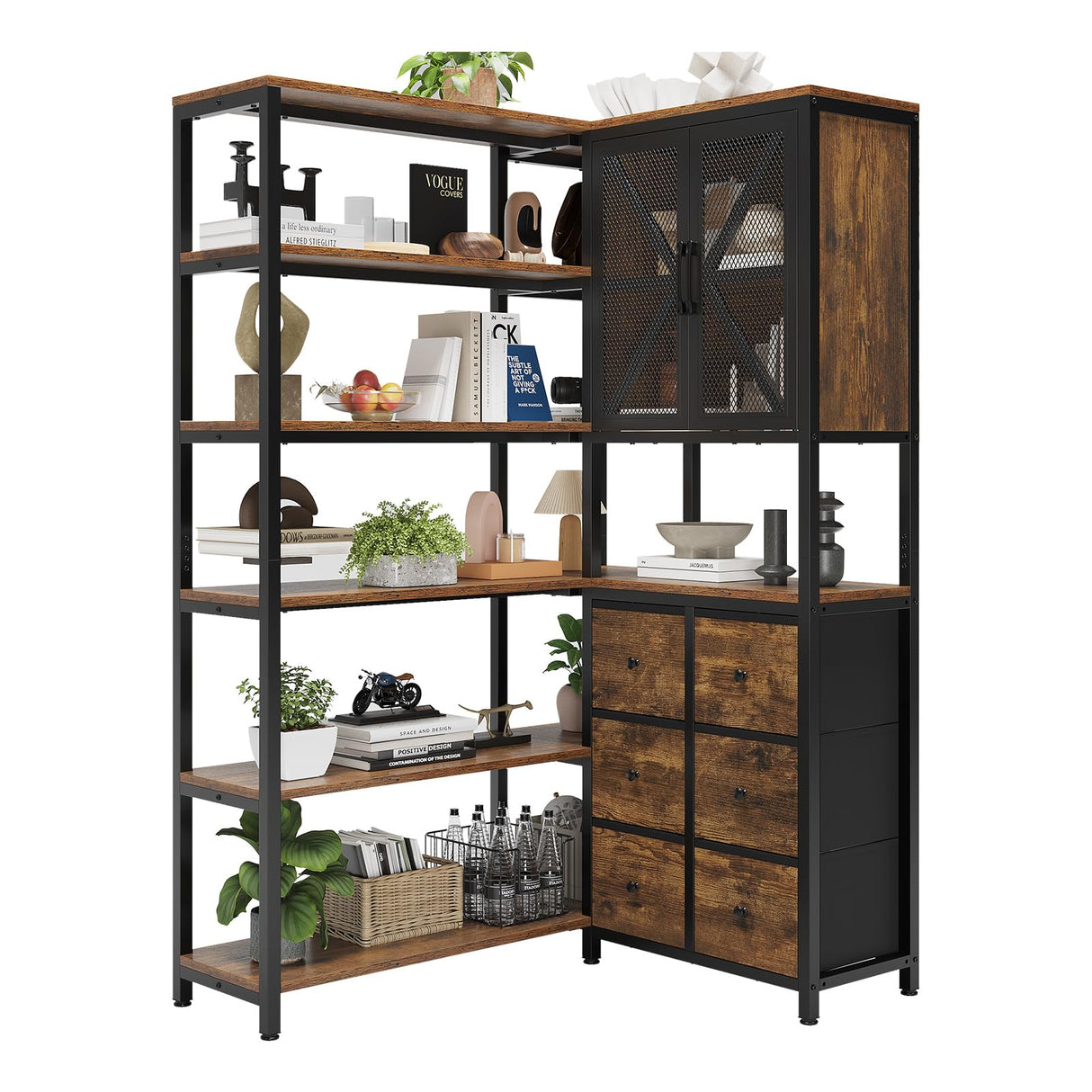HAUOMS Corner Bookshelf, 6 Tier Industrial Convertible Bookshelf with 6 Fabric Drawers, Corner Bookcase Large L Shaped Storage Display Shelf for Home Office, Living Room, Kitchen, Rustic Brown HAUOMS