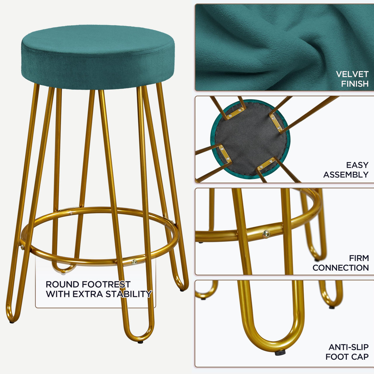 Yaheetech Bar Stools Set of 4, Velvet Round Counter Stools, Backless Counter Height Bar Chairs with Golden Legs for Kitchen Dining Room Pub Cafe, Peacock Blue Yaheetech