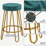 Yaheetech Bar Stools Set of 4, Velvet Round Counter Stools, Backless Counter Height Bar Chairs with Golden Legs for Kitchen Dining Room Pub Cafe, Peacock Blue Yaheetech