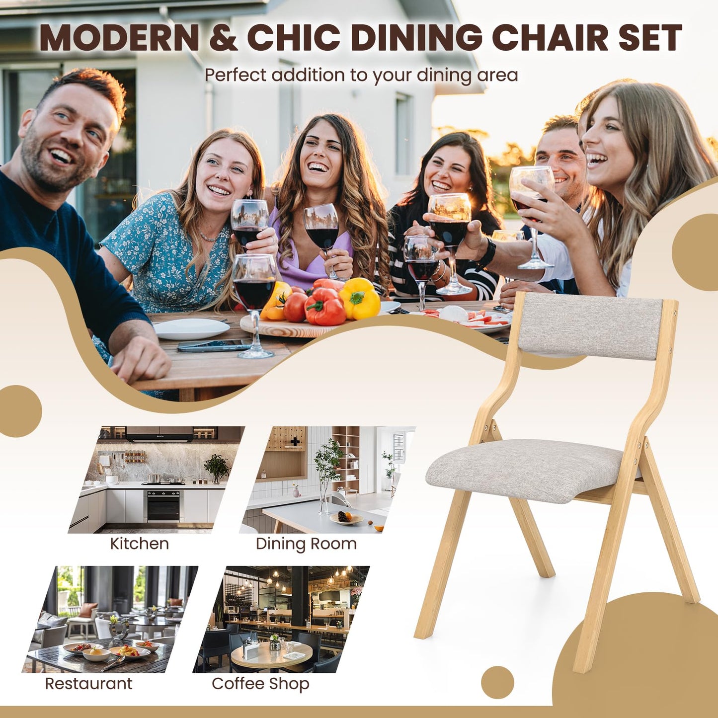 Giantex Folding Dining Chairs Set of 4, No Assembly Folding Chairs w/Linen Padded Seats, Wood Foldable Kitchen Chairs, Easy to Store Extra Event Chairs, Padded Folding Chair for Wedding Guest - WoodArtSupply