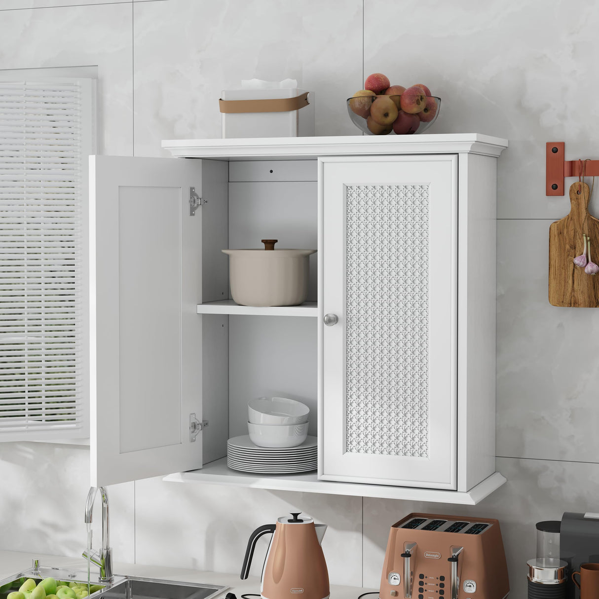 Smuxee White Bathroom Cabinet Wall Mounted with Rattan Doors, Bathroom Medicine Cabinet with Adjustable Shelf, Bathroom Wall Cabinet Over Toilet for Laundry Room Kitchen Smuxee