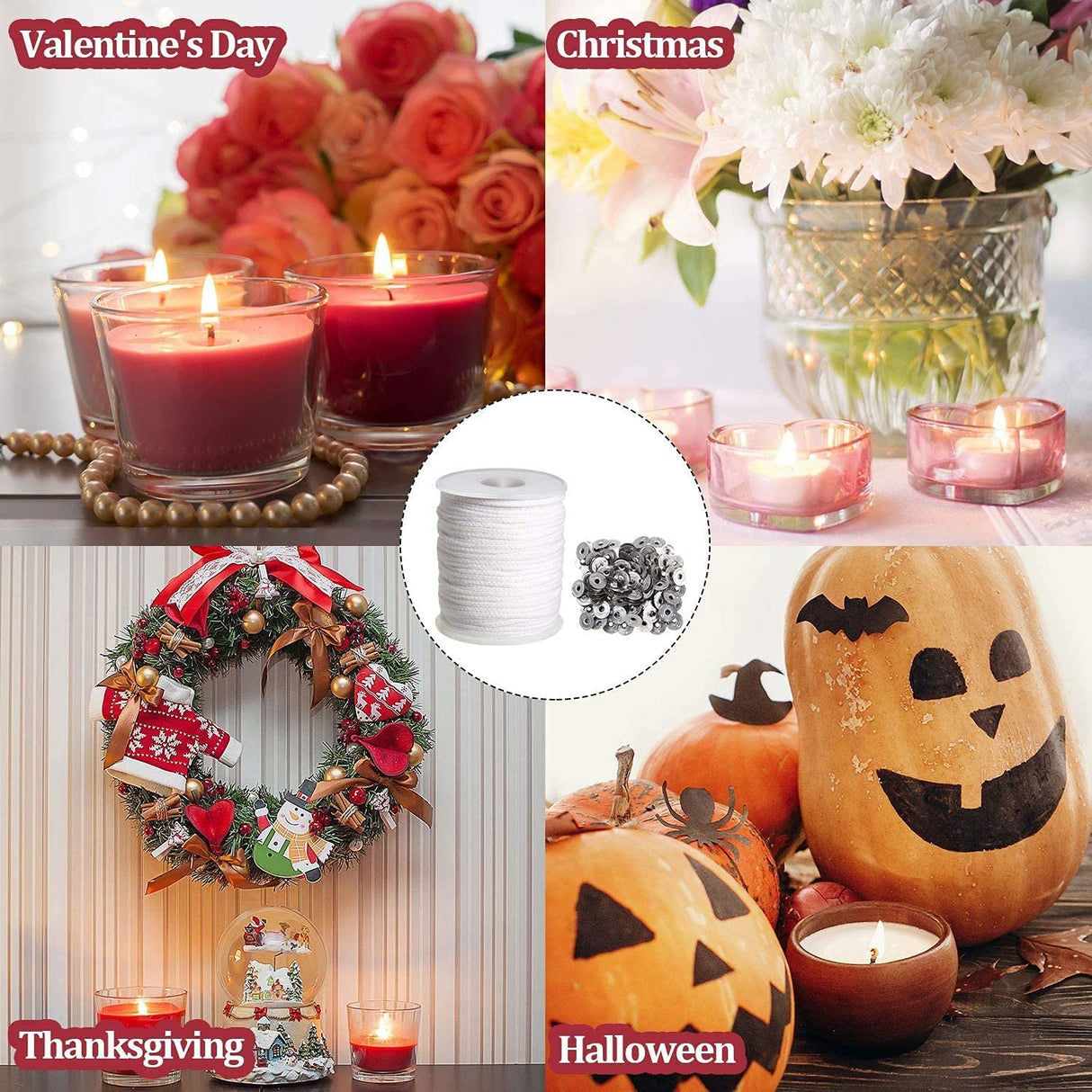 pice QPZ 200 ft Braided Candle Wicks 100% Cotton 21 PLY for Candle Pillars in 1 3/4 inch Dia, for Paraffin Wax Soy Beeswax Candle Making, Sold Separately 200 PCS Candle Wick Sustainer Tabs Metal 14mm pice