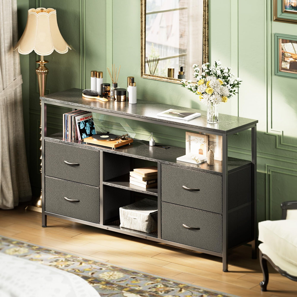 Huuger 47 Inch TV Stand Dresser with Power Outlets and LED Lights, 4 Drawers Entertainment Center with Open Shelf, Media Console for 55 50 Inch TV, Dresser with PU Finish, Black Huuger