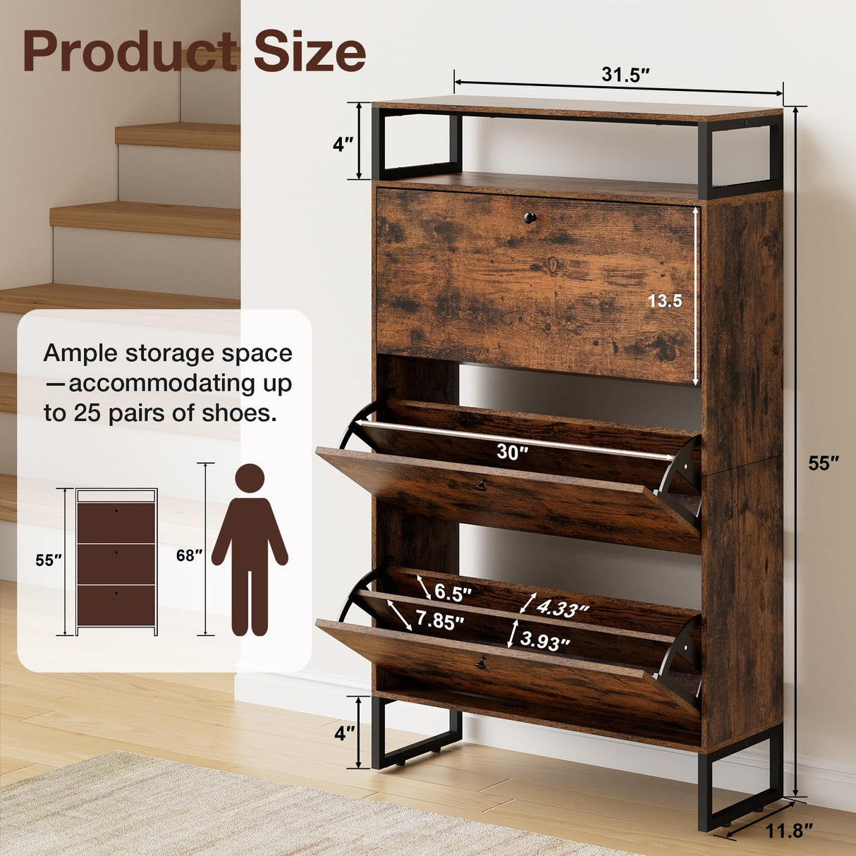 HOMMPA Shoe Storage Cabinet with 3 Flip Drawers, Freestanding Shoe Organizer with Metal Legs for Entryway, Narrow Shoe Rack Cabinet, Rustic Brown, 11.81''D x 31.49''W x 54.17''H HOMMPA