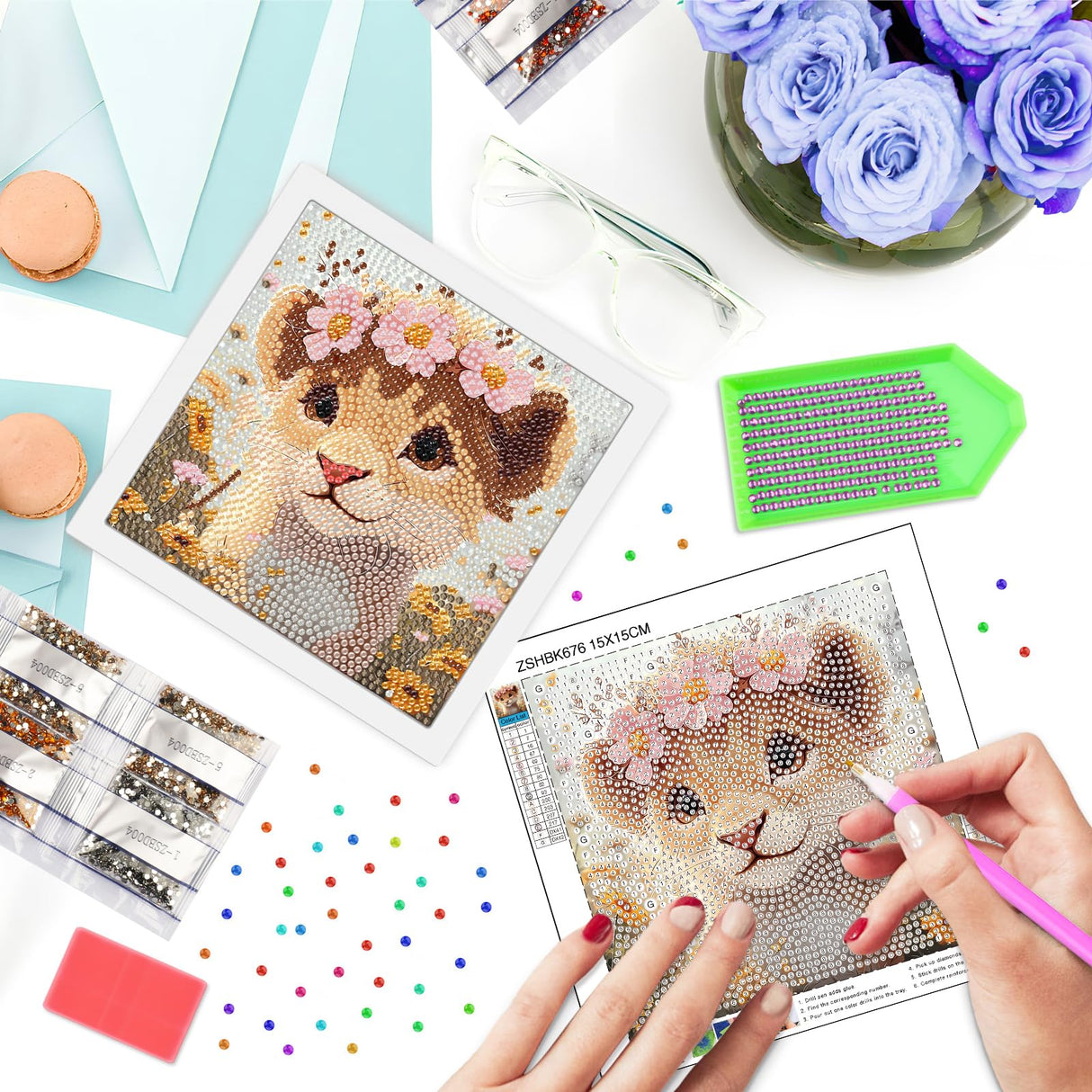 SENQAO Lion Diamond Art Kit for Adults with Frame Art and Crafts for Adults Ages 6-8 -10-12 Easy to DIY Diamond Art for Adults and Adult Beginners Home Wall Decoration 7.1x7.1inch SENQAO