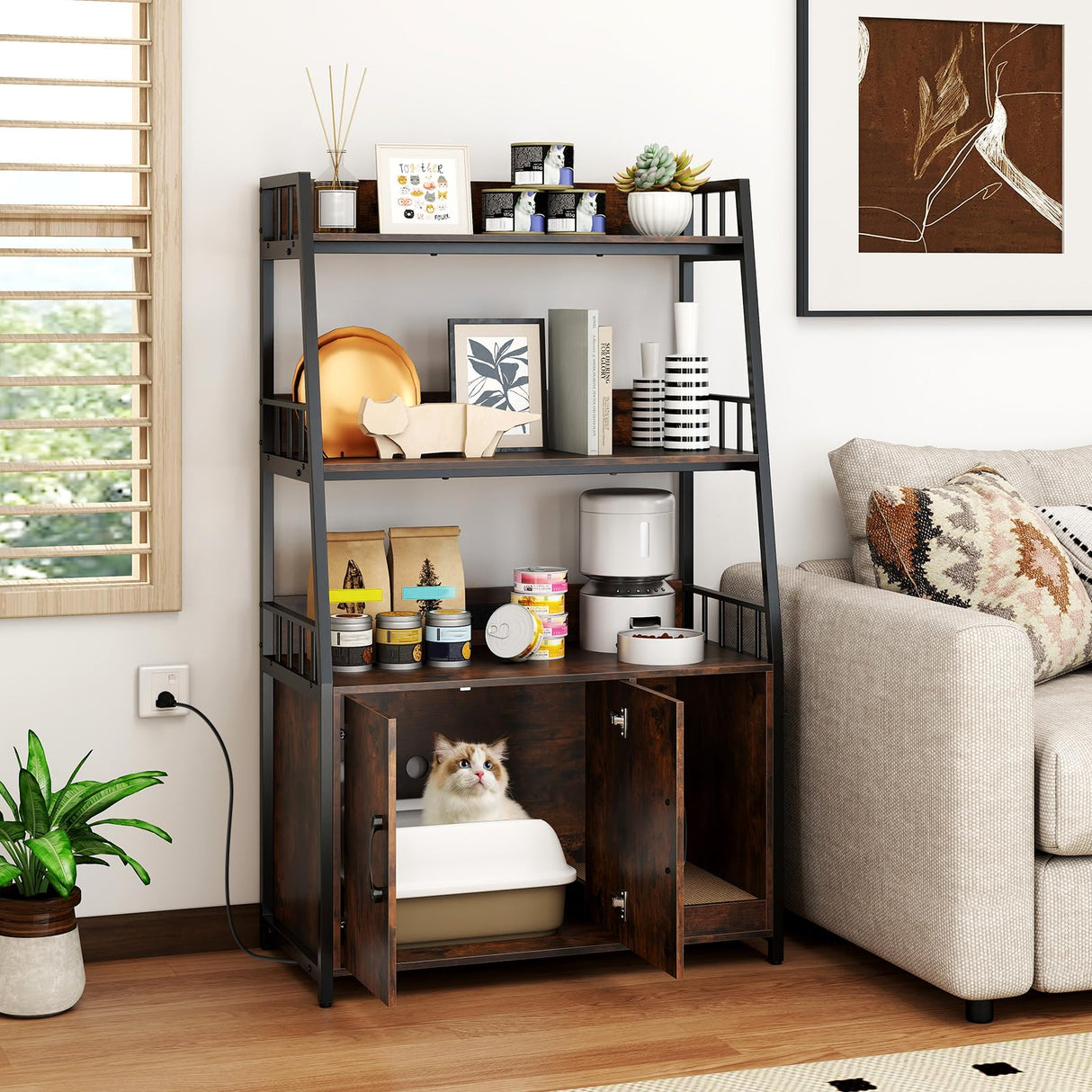 PETSITE Cat Litter Box Enclosure with Storage Shelves, 52 Inches Tall Hidden Litter Box with Charging Station, Scratching Board, and Winding Entry (Rustic Brown) PETSITE