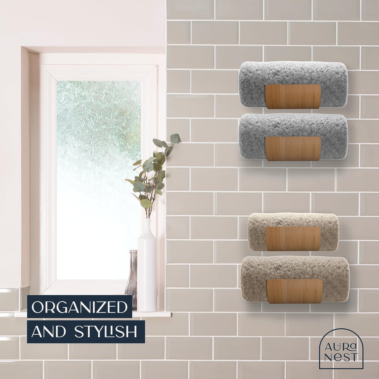 AURA NEST Set of 4 Towel Holder for Bathroom Wall, Modern Bamboo Wall Towel Rack for Rolled Towels, Sturdy Space-Saving Hanging Wood Towel Rack, Effective and Versatile for Spa, Guest Bath, Blanket AURA NEST