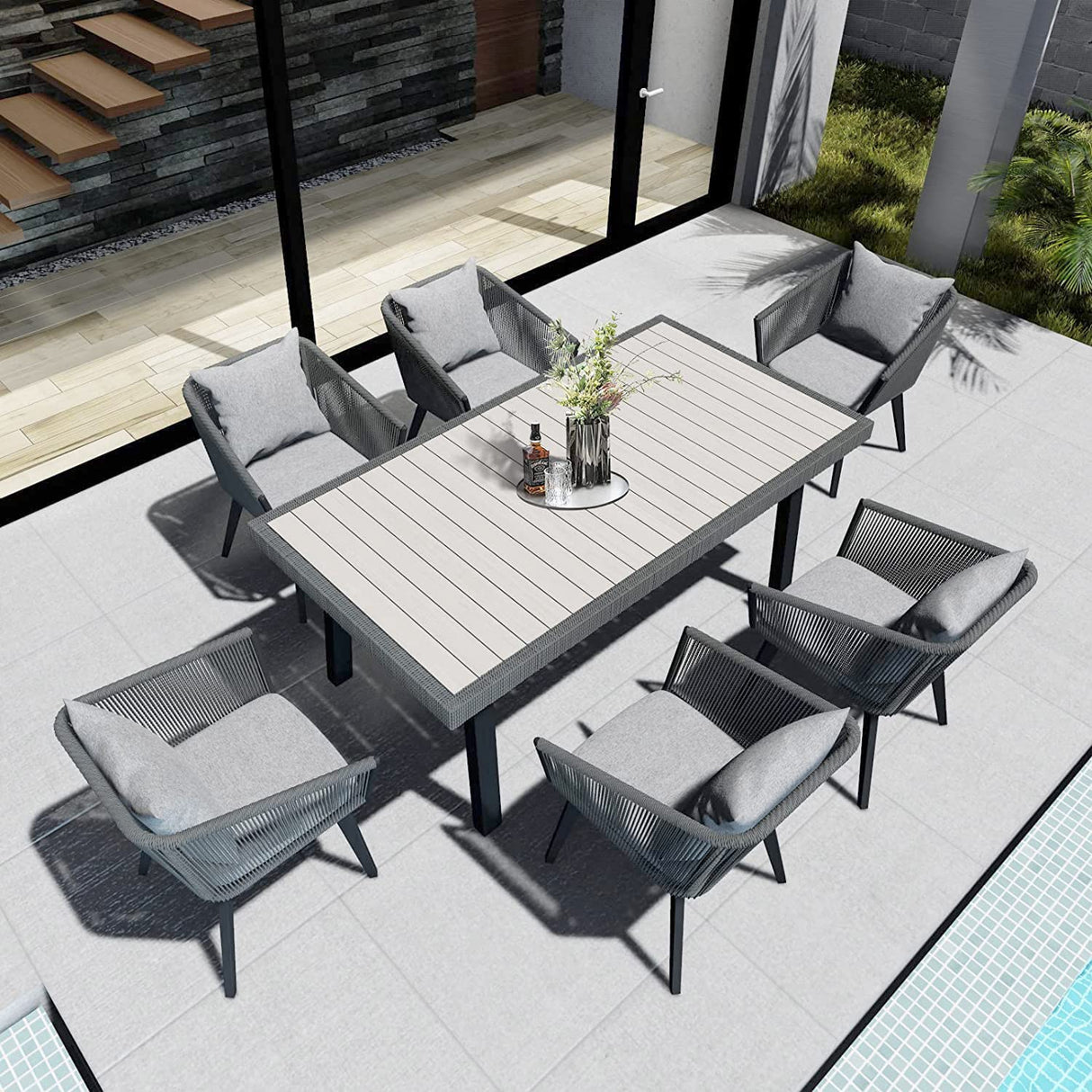 Home Care Wholesale 7 Pieces Patio Dining Set for 6 - All Weather Outdoor Dining Sets, All in One Outdoor Table and Chairs, Wicker Outdoor Patio Furniture Sets with Cushions and Pillows, Grey Home Care Wholesale