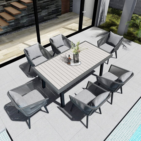 Home Care Wholesale 7 Pieces Patio Dining Set for 6 - All Weather Outdoor Dining Sets, All in One Outdoor Table and Chairs, Wicker Outdoor Patio Furniture Sets with Cushions and Pillows, Grey Home Care Wholesale