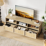 TV Stand for 75 inch TV, Entertainment Center with Storage, 65 Inch TV Console Table with 3 Drawers, Rattan Media Console Cabinet with Metal Legs, Wooden TV Stands for Living Room, Bedroom - Oak IDEALHOUSE