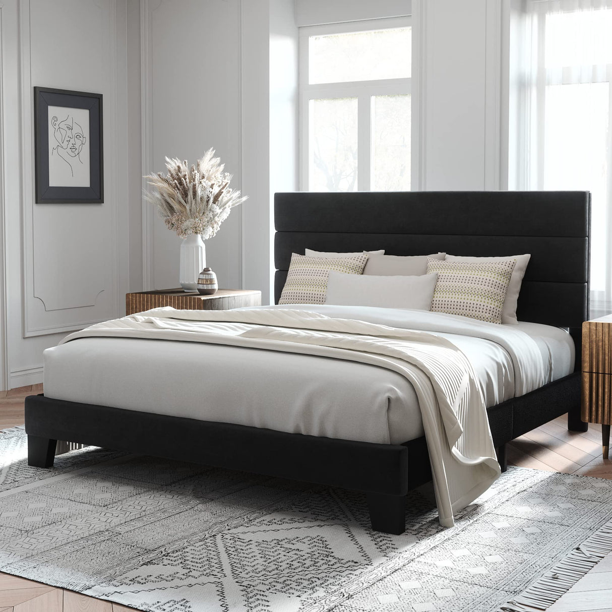 Allewie King Size Platform Bed Frame with Velvet Upholstered Headboard and Wooden Slats Support, Fully Upholstered Mattress Foundation/No Box Spring Needed/Easy Assembly, Black Allewie