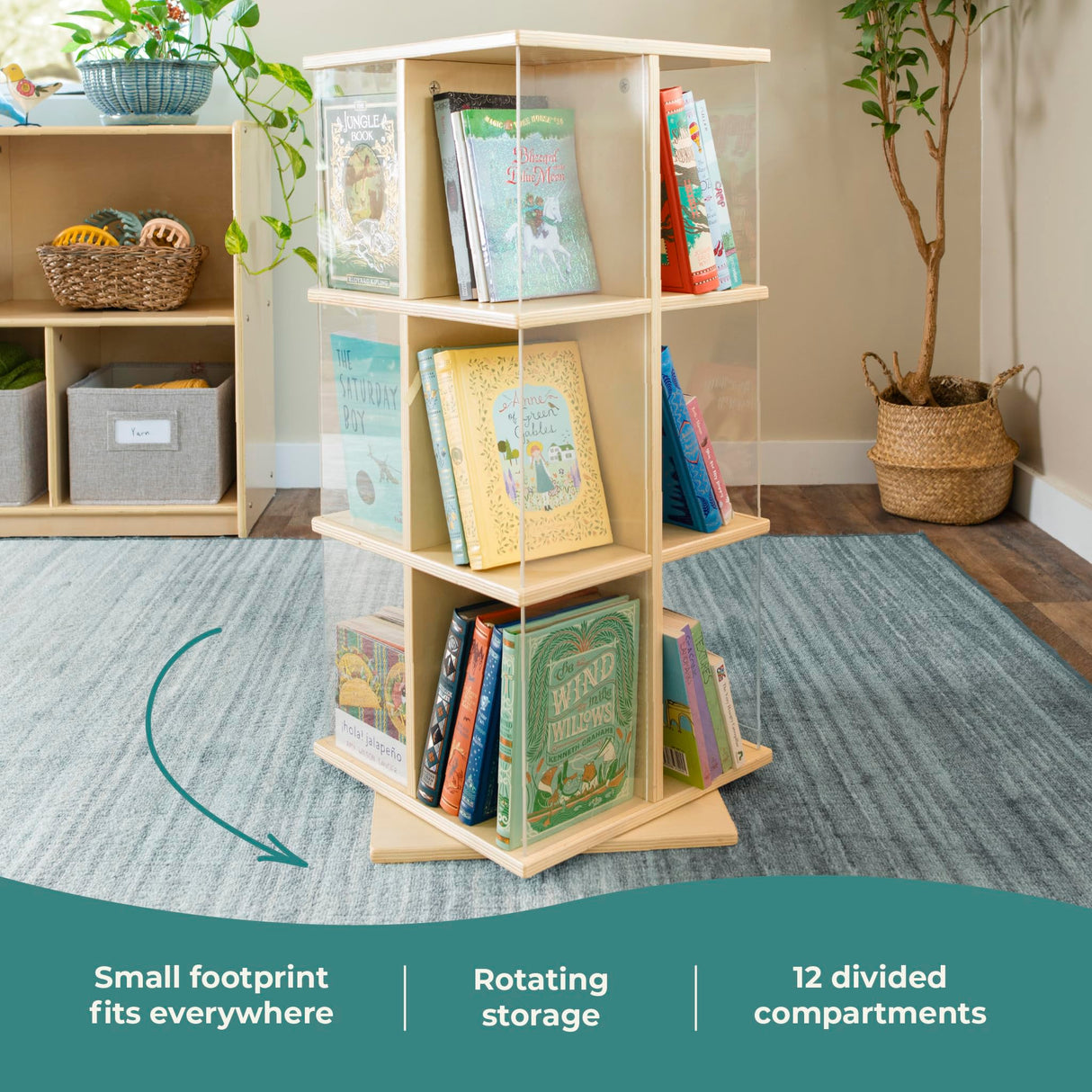 Guidecraft EdQ Kids Rotating Bookshelf: Natural Wood Revolving Bookcase - 360 Degree Spinning Book Shelf Tower with Acrylic Montessori Storage for Classroom, Bedroom and Playroom | Toy Organizer Guidecraft