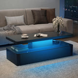 MXV Modern Coffee Table, 40 Inches Coffee Tables with 16 Colors LED Lights, 2 Tier Rectangular Center Table, Large Storage Space, High Glossy Wooden Tea Table for Living Room, Bedroom, Office, Black MXV
