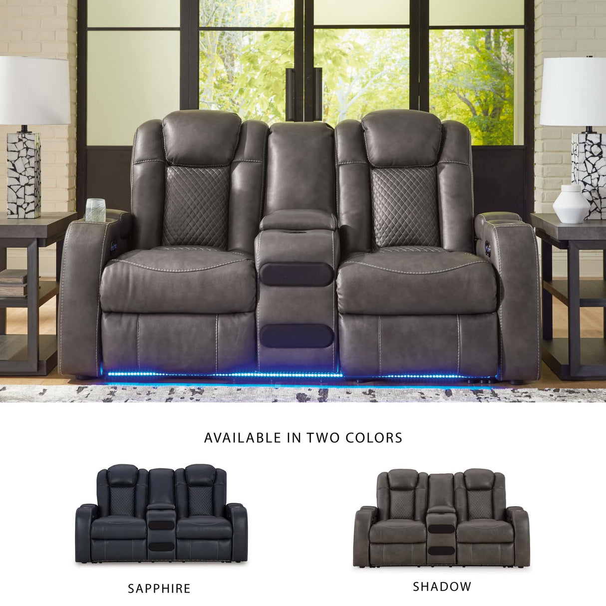 Signature Design by Ashley Fyne-Dyme Contemporary Power Reclining Loveseat with Console, USB Charging Ports and Adjustable Headrest, Gray Signature Design by Ashley